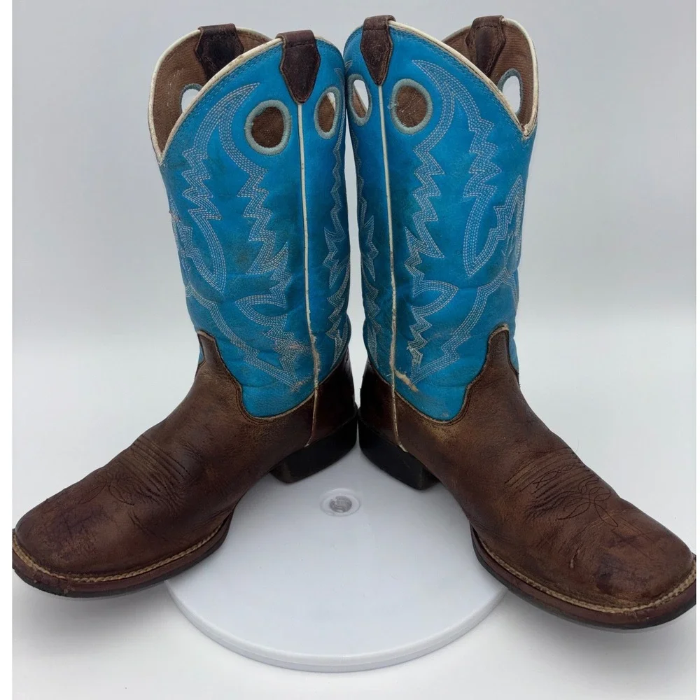 JUSTIN Kids Cowboy Boot Western Little Boy Youth 2 Brown Blue Leather Square Toe